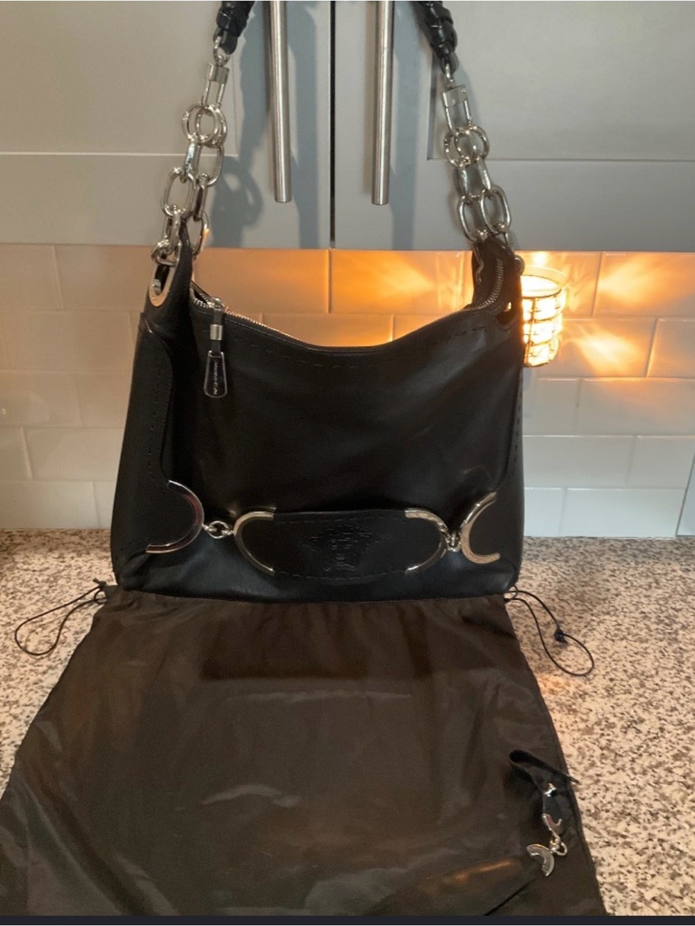 AUTHENTIC VINTAGE Versace Black Leather Medusa Banner Hobo Bag w/ Dust Bag